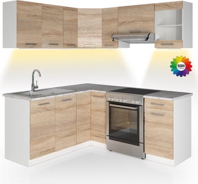 Vicco Hoekkeuken R-Line, Sonoma/Wit, 187 x 167 cm, WB Marmer met LED-strip