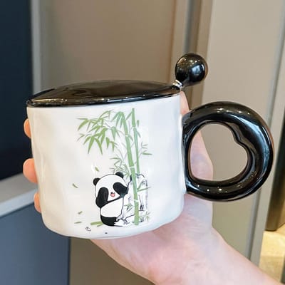 Mok met Deksel Lepel Nieuwe Stijl Dames Panda Kop Souvenir Keramische Waterbeker Koffiekop 301-400ml