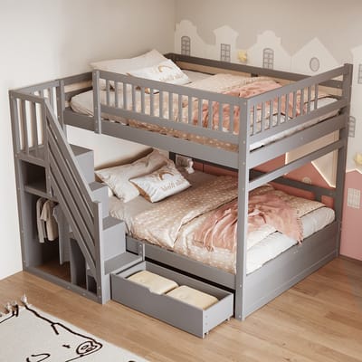 Komhtom Stapelbed van massief hout 140*200 cm, met hoge veiligheidsrand, lattenbodem, veiligheidsladder met opbergruimte, opberglades, tweepersoons juniorbed, grijs