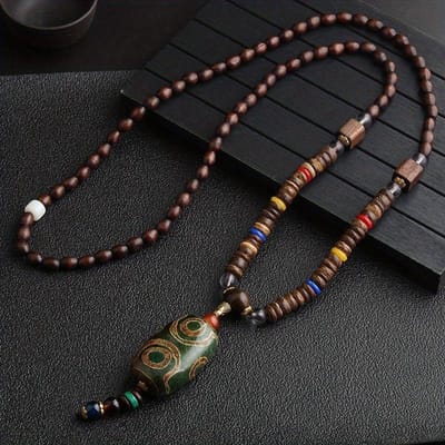 Vintage Handgemaakte Ketting Nepal Boeddhistische Mala Houten Kralen Hanger & Ketting Etnisch Vis Hoorn Lange Statement Heren Dames Sieraden
