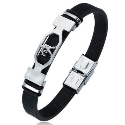 Weegschaal / Libra - Leren Armband met Stalen Sterrenbeeld - Astrologie - Zwart - Armbanden Heren Dames - Papa Cadeau Voor Mannen - Vaderdag