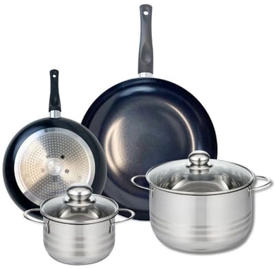 Set van 2 Koekenpannen 20 en 28 cm en 2 kookpotten 14 en 20 cm Elo Prima Glanzend