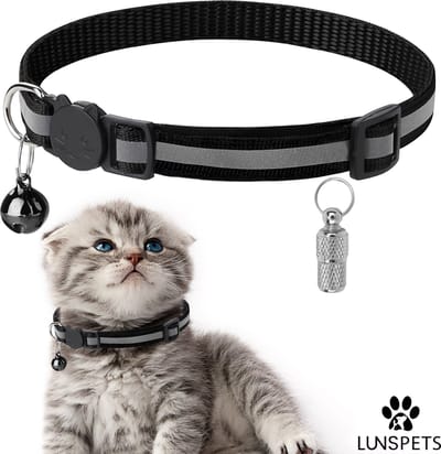 Lunspets - Kattenhalsband - Veiligheidssluiting - Reflecterend - Inclusief Adreskoker - Zwart