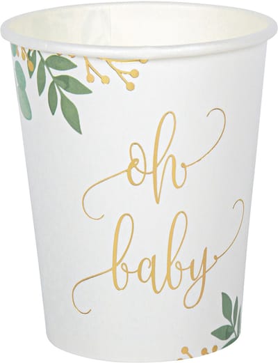 ARTYFETES - 8 papieren bekers "Oh Baby Eucalypt Gold Folie" 250 ml voor babyborrel