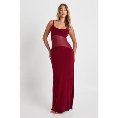 boohoo Dames Maxi-jurk van doorzichtig gaas met verlaagde taille | Bordeaux Rood | Maat: 40