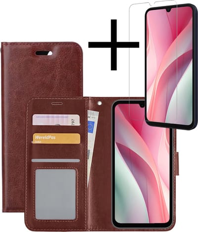 Hoesje - Met Screenprotector - Geschikt voor Samsung Galaxy A15 - Luxe Pasjeshouder - Bookcase Portemonee - Flip Case - Kunstleer Book Case - Flipcase - Book Cover - Walletcase - Portemonneehoes - Bruin