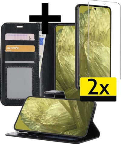 Hoesje - Met 2x Screenprotector - Geschikt voor Google Pixel 8a - Luxe Pasjeshouder - Bookcase Portemonee - Flip Case - Kunstleer Book Case - Flipcase Hoes - Book Cover - Walletcase - Portemonneehoes - Telefoonhoesjes - Zwart