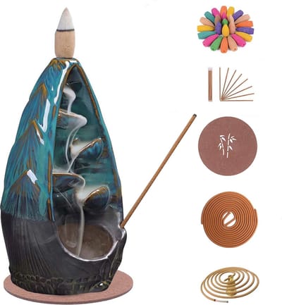 LotaHome - Wierook Waterval - Wierookbrander - Wierook Houder - Complete Set - Met 120 Geur Kegels, 30 Wierook Stokjes, 40x Wierook Spiraal, 1 Onderlegger, 1 Spiraal Houder - Kegelbrander Houder - Aromatherapie - Geur Brander - Turquoise - Cadeau