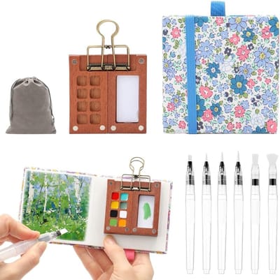 Draagbare aquarelset met houten palet, schetsboek, 6 waterreservoirkwasten en opbergtas, perfect voor reizen, buiten schilderen en beginners
