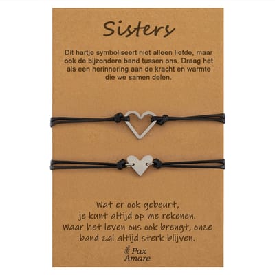 Vriendschapsarmbandjes voor 2 "Sisters" - Hartjes - BFF Armbandjes met Cadeau Kaartje - Zilverkleurig - Elastisch Verstelbaar - Pax Amare