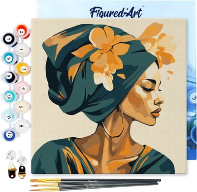Figured'Art Mini Schilderen op Nummer Volwassenen 20x20cm met lijst Vrouw met bloemen tulband - Klein Formaat Creatieve Hobby Kit DIY Art Nummer Compleet