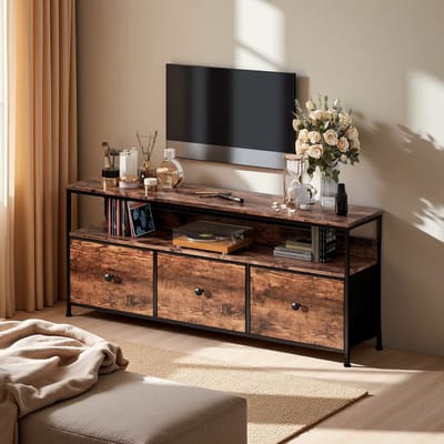 Venzor - TV‑meubel 108 cm – 3 Stoffen Lades, Open Planken & LED‑Verlichting – Industrieel Dressoir met Metaal & E1‑Spaanplaat – Tijgerhuid Design
