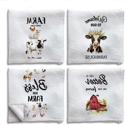 Set van 4 Boerderij Dieren Keukenhanddoeken, Grappige Rustieke Koe Decoratieve Microvezel Theedoeken 61x40cm, Ideaal voor Koken en Bakken