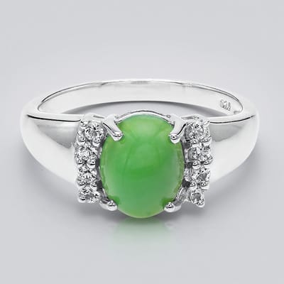 Cavill - Zilveren Ring 925 Sterling met 1,38 ct Ovale Keizerlijke Chrysopraas en Witte Topaas - Elegante Cabochon Ring Groen - Maat 17