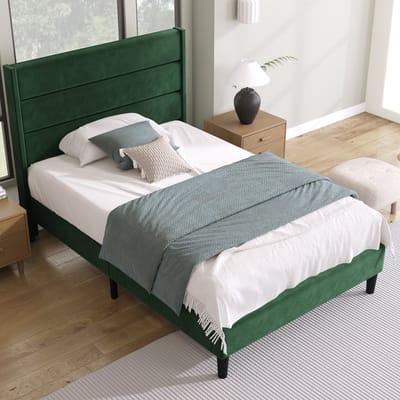 DESMIU Gestoffeerd Bed 90 x 200 cm - Hoofdbord Met Gevoerde Panelen - Inclusief Lattenbodem - Opbergruimte Onder Bed - Jeugdkamer - Fluweel - Groen Zonder Matras