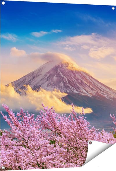 Gards Tuinposter Fuji Berg met Roze Bloesembomen - Bloemen - 80x100 cm - Tuindoek - Tuindecoratie - Wanddecoratie buiten - Tuinschilderij