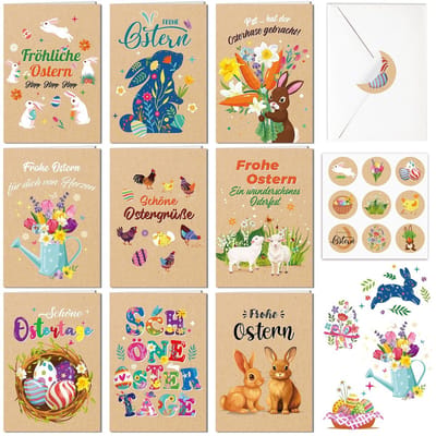 Dailygoods- Paaskaarten set - 9-delig - Kraftpapier - Vrolijke wenskaarten - Blanco - Envelopstickers - Grappig origineel