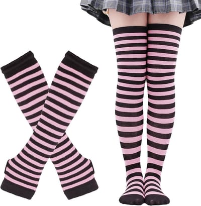 Gestreepte Kniesokken voor Dames met Vingerloze Handschoenen en Armwarmers - Perfect voor Kostuumfeesten en Halloween