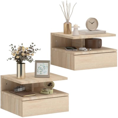 HomeGoodies - Zwevende nachtkastjes - Hangende nachtkastjes - Set van 2 - Met schuiflade, open vak, dienblad - Bruin