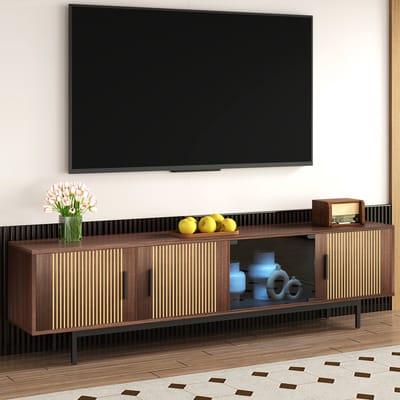 TV-kast - lowboard met gesneden textuur - TV-meubel met LED-lichtstrip en deur van gehard glas