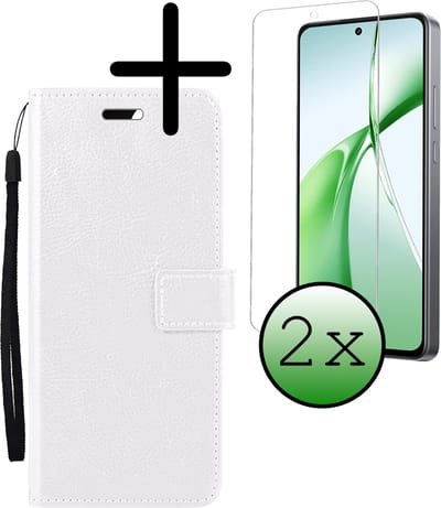 Hoesje Met 2x Screenprotector - Geschikt voor OnePlus Nord CE4 - Luxe Pasjeshouder - Bookcase Portemonee - Flip Case - Kunstleer Book Case - Flipcase Hoes - Book Cover - Walletcase - Portemonneehoes - Wit