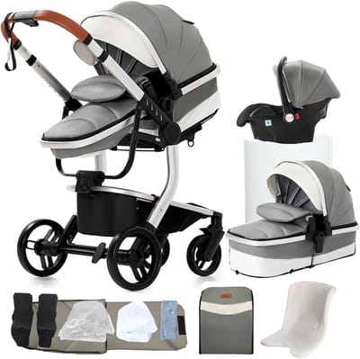 3-in-1 Combi Kinderwagen PU-leer Grijs - Luxe & Opvouwbaar Reiswieg Systeem