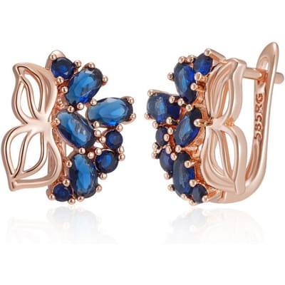 Boucles d'oreilles pendantes fines couleur or rose pour femmes Fleur en cristal Zircon bleu naturel Accessoires Bijoux vintage quotidiens beige