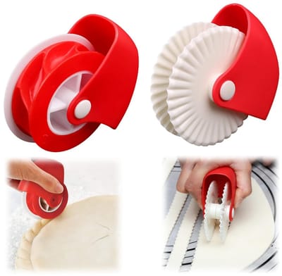 2 stuks deegsnijder - Bakken snijgereedschap - Golvende deegsnijder - Deegroller - Gebaksnijder - pizzaroller - Bediening met één hand - Voor koekjes, deeg, pizza, brood (10*8 cm - Rood en wit)