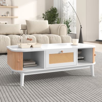 Salontafel - Rotan salontafel, Laden met rotan en schuifdeuren met massief houten latten, Massief houten poten, Natuurlijke landelijke stijl