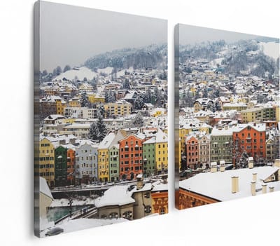 Artaza Canvas Schilderij Tweeluik Gekleurde Huisjes met Sneeuw in Oostenrijk - 120x80 - Foto Op Canvas - Canvas Print