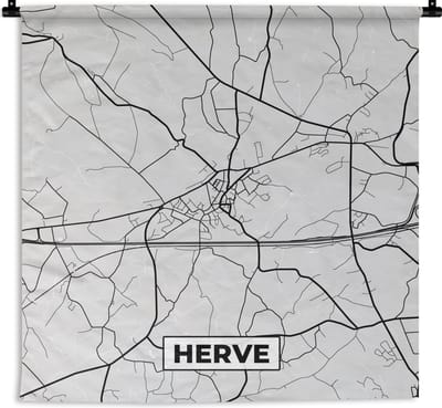 Wandkleed - Wanddoek - Zwart Wit – België – Plattegrond – Stadskaart – Kaart – Herve - 180x180 cm - Wandtapijt