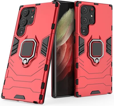 MobyDefend Hoesje - Geschikt voor Samsung Galaxy S23 Ultra - Dubbelgelaagde Pantsercase Met Standaard - Rood