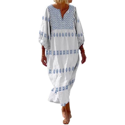 Zomer Damesjurk Driekwart Mouwen Boheemse Stijl Bedrukt Losse V-hals Pullover Casual Mid-kuitlengte Midi Jurk L gray