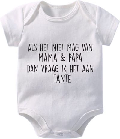 Hospitrix Baby Rompertje met Tekst Als het niet mag van mama & papa dan vraag ik het aan tante| Maat M | 3-6 maanden | 62/68 | Korte Mouw | Cadeau voor Zwangerschap | Bekendmaking | Aankondiging | Aanstaande Moeder | Moederdag