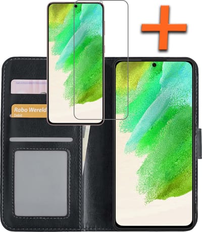 Hoes - Met Screenprotector - Geschikt voor Samsung Galaxy S21 FE - Luxe Pasjeshouder - Bookcase Portemonee - Flip Case - Kunstleer Book Case - Flipcase - Book Cover - Walletcase - PortemonneeHoes - Zwart
