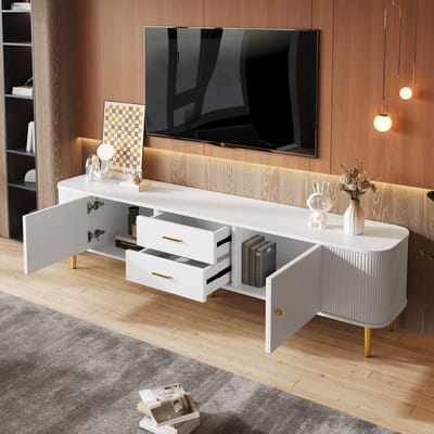 DESMIU Tv Meubel - Met 2 Laden En 2 Deuren - Veilige Afgeronde Vormen Voor Woonkamer - Mdf - 170x34x45 Cm - Wit Met Goudkleurige Details
