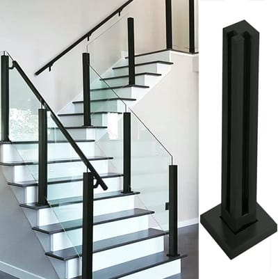Vierkante glazen balustradepaalklem - Heavy Duty zwarte relingkolom met roestvrijstalen sleuven - Hoogte 105 cm