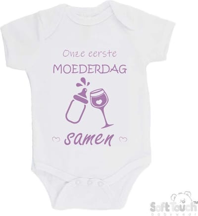 100% katoenen Romper "Onze eerste moederdag samen" Meisjes Katoen Wit/lila Maat 56/62