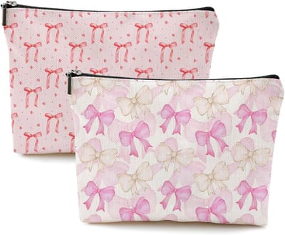 Schattige linnen make-up tas met rits, 2 stuks roze strik cosmetica organizer toilettas voor vrouwen en tieners, perfect als verjaardagscadeau en voor dagelijks gebruik