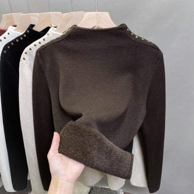 Pull en Velours à Col Haut One Piece avec Base en Velours Épais pour Femmes Hiver Pull Tricoté à Rivets avec Haut Intérieur 2XL