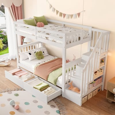 90x200 cm stapelbed - met trapboekenkast - met twee lades - hoge leuning - wit - zonder matras