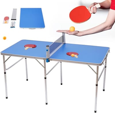 Inklapbare tafeltennistafel met accessoires, mini tafeltennistafel HBT: 76 x 152 x 76 cm, tafeltennistafel met tafeltennisnet, 2 tafeltennisbatjes, 3 tafeltennisballen, blauw
