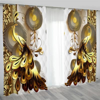 Retro Luxe Pauw serie Elegant Blauw Goud 2 Stuks Lichtfilterend Gordijn voor Woonkamer Slaapkamer Thuis Raam Drap Decor 75W60H(CM) 2PCS