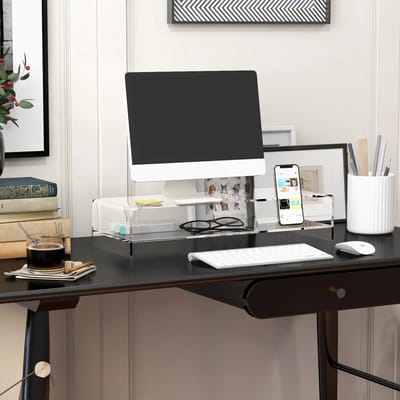 Pugsdrly Monitorstandaard met toetsenbordlade, transparant, voor monitoren tot 24 inch, 2 niveaus, acryl, 50,8 x 19 x 12 cm