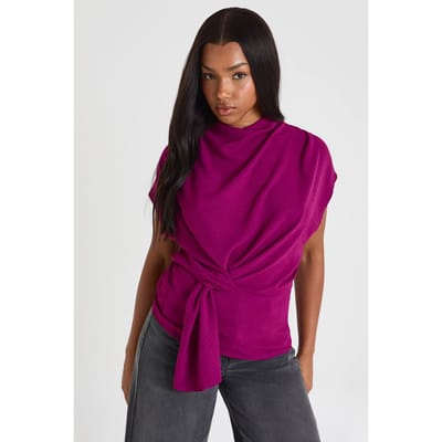 boohoo Dames Blouse met gehamerde knoop aan de voorkant en cowl-hals | Pruim | Maat: 34