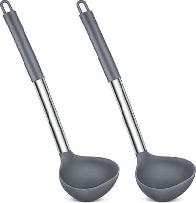 Set van 2 Siliconen Soeplep met RVS Handvat, 31 cm Grote Lepel voor Soepen, Hittebestendig en Antiaanbaklaag, Makkelijk te Reinigen, Grijs