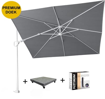 Challenger T2 premium zweefparasol 300x300 cm witte mast manhattan met 90KG voet en hoes