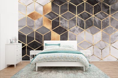 Behang - Fotobehang Abstract - Kubus - Goud - Patronen - Zwart - Wit - Breedte 435 cm x hoogte 260 cm