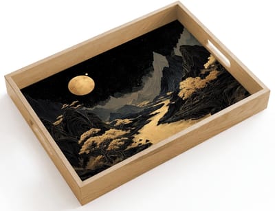 Dienblad hout 40x30 cm - Schootdienblad - Gouden rivier - Bergen - Maan - Sterrenhemel - Borrelplank rechthoek - Plateau dienbladen