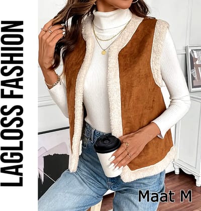 LaGloss® Mouwloze Teddy Bodywarmer Bruin/Beige – Warme & Luchtige Gilet Vest – Herfst/Winter Laagjeslook – Tijdloos - Maat M